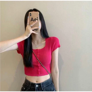 Áo len mỏng cúc dọc croptop cổ vuông