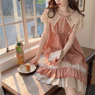 [ ẢNH THẬT ] Đồ Ngủ Style Hàn Quốc_ Váy Nữ Mặc Nhà Tiểu Thư Sọc Caro Phối Ren Ulzzang