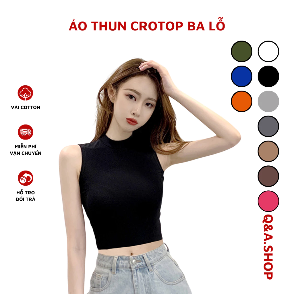 Áo Thun Croptop Ba Lỗ Cổ Lọ Họa Tiết Trơn Vải Cotton Co Giãn Mềm Mịn Dành Cho Nữ CT-0002