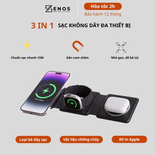 Đế sạc nhanh Zenos Charger sạc không dây 5W/10W/15W  3 in 1 cho smartphone, tai nghe và đồng hồ thông minh