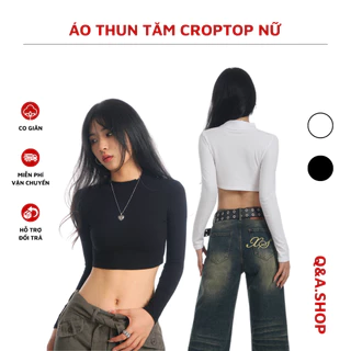 Áo Thun Tăm Croptop Nữ Dài Tay Cổ Đứng Form Ôm Tôn Dáng Họa Tiết Trơn Basic CT-0009