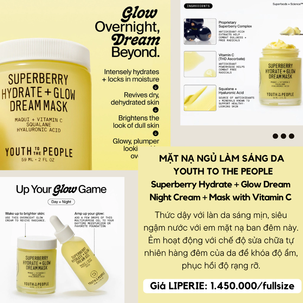 [YTTP] Mặt nạ ngủ sáng da Youth to the People Superberry Hydrate + Glow Dream Night Cream + Mask with Vitamin C