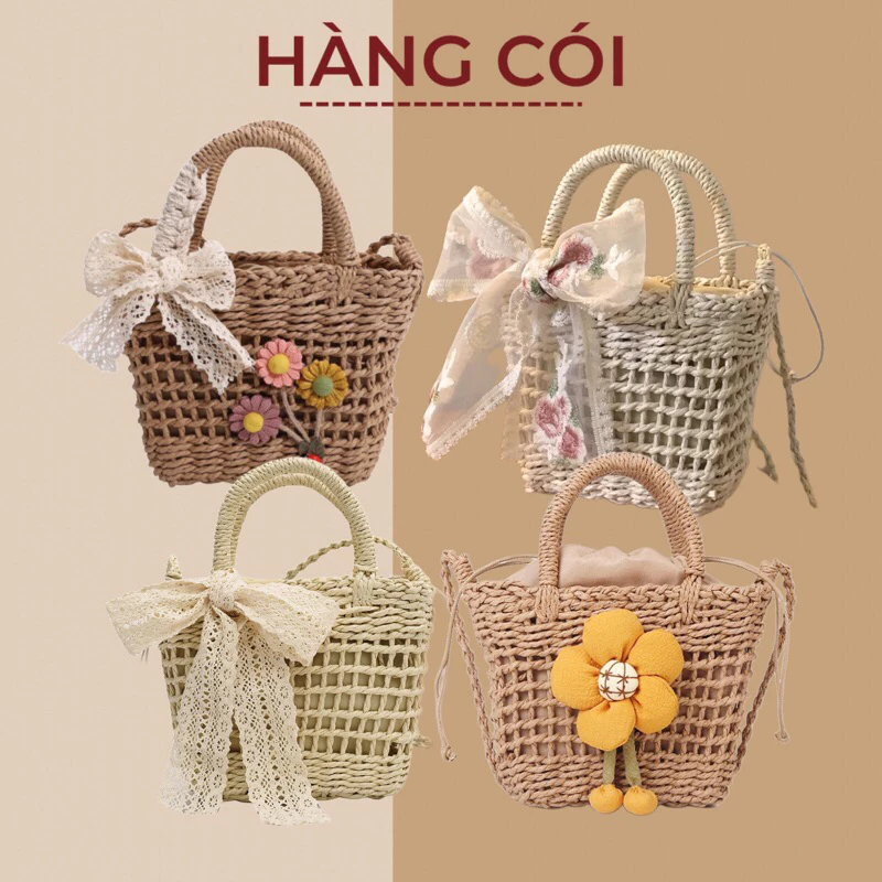 (5 mẫu hot nhất) Túi cói giỏ cói mini size 19cm đeo chéo kiểu đan thưa xinh xắn-Hàng Cói