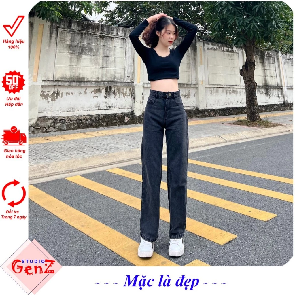 Quần jean nữ ống rộng lưng cao, Quần bò nữ ống rộng cạp cao màu Đen Tuyền dáng suông, kiểu baggy ống đứng chất đẹp JNDK1