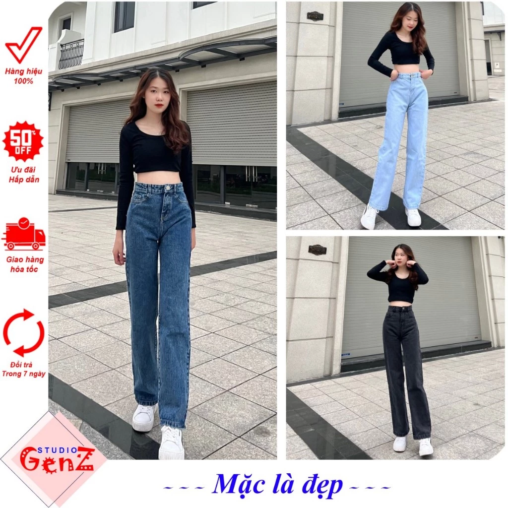 Quần jean nữ ống rộng lưng cao, Quần bò nữ ống rộng cạp cao nhiều dáng suông, kiểu baggy ống đứng chất đẹp GEN01