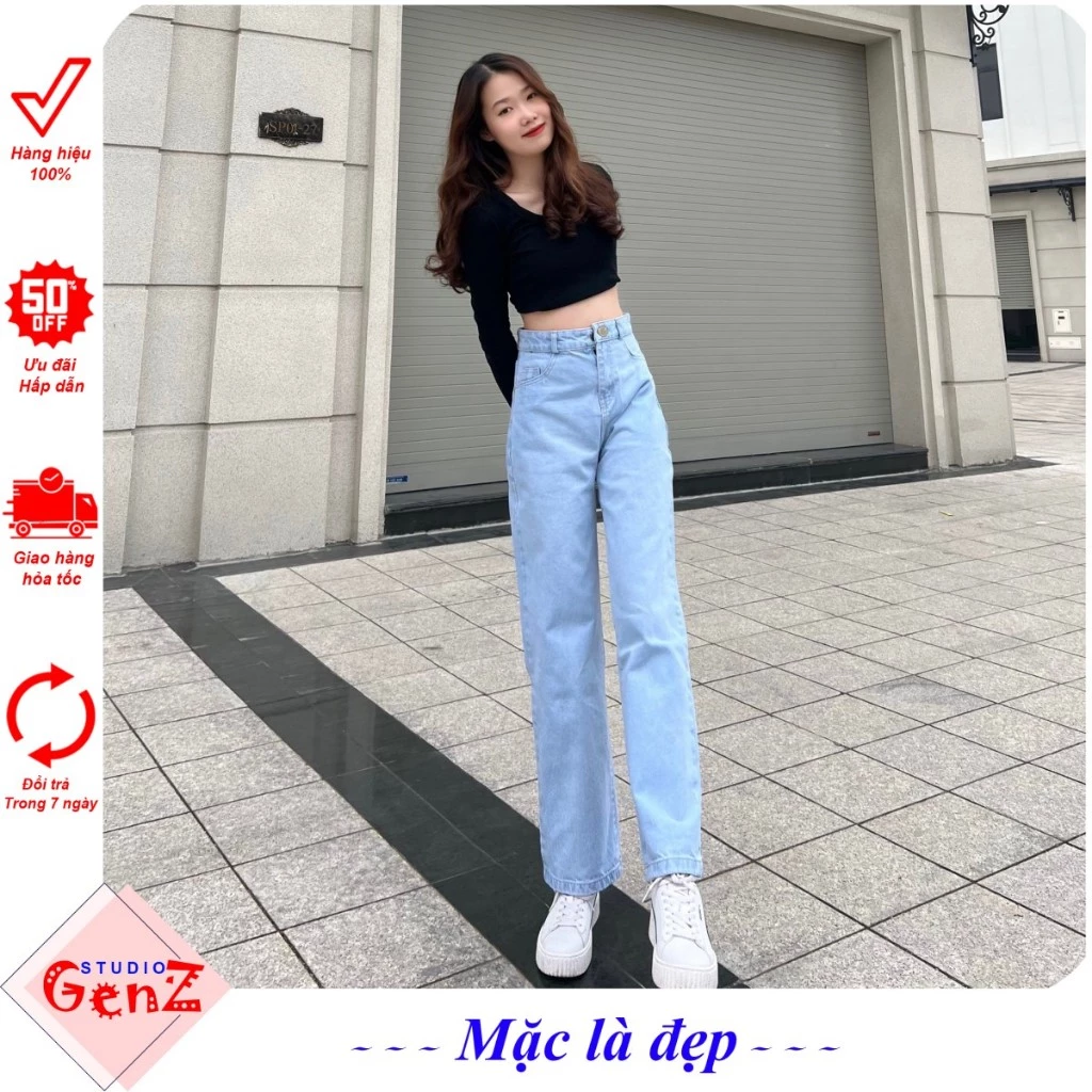 Quần jean nữ ống rộng lưng cao GN02, Quần bò nữ ống rộng cạp cao màu Xanh Nhạt dáng suông, kiểu baggy ống đứng chất đẹp