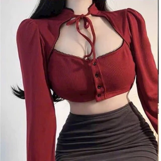 Áo đỏ nữ tay phồng croptop kiểu cổ yếm cực cuốn A199