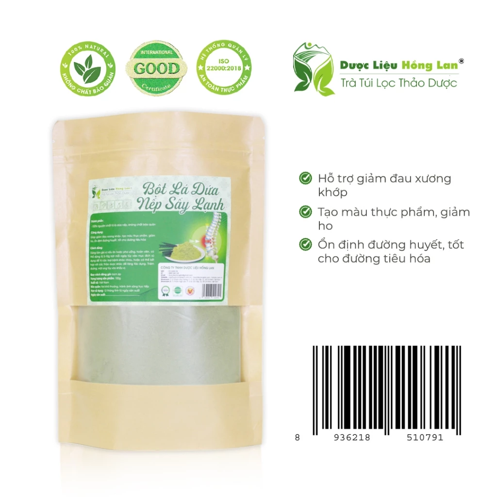 Bột Lá Dứa nếp sấy lạnh nguyên chất 100% (có giấy ISO 22000-2018 & Giấy VSATTP) Công Ty TNHH Dược Liệu Hồng Lan