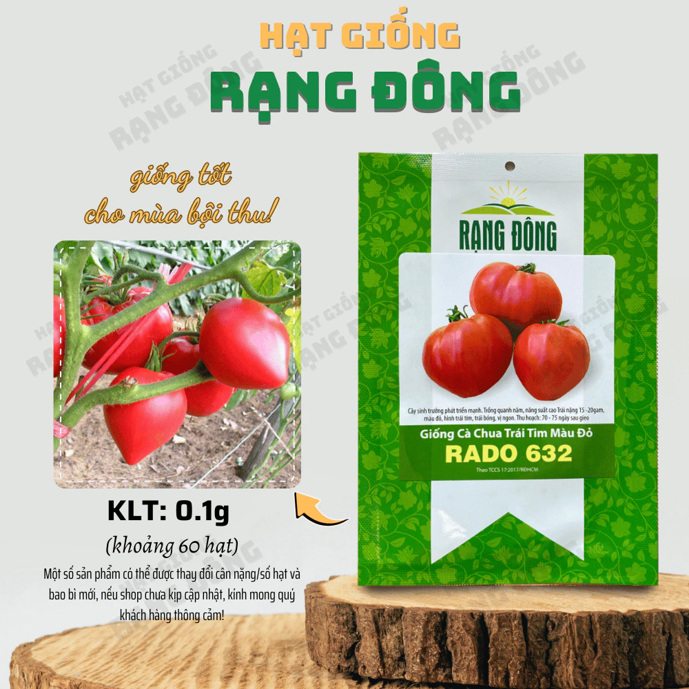 Hạt giống Cà Chua Trái Tim Màu Đỏ Rado 632 (0,1g~60 hạt) thịt dày, quả đẹp, trồng quanh năm - Hạt giống Rạng Đông