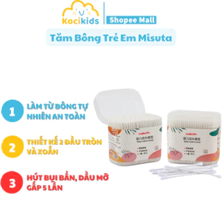 Tăm bông trẻ em Misuta hộp 400 que, tăm bông cho bé sơ sinh được làm bằng bông tự nhiên, an toàn cho bé