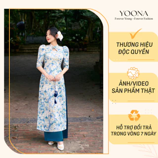 Bộ áo dài Tết họa tiết hoa thiết kế cổ cách điệu phối tay bồng nhẹ YOONA - YD25B228