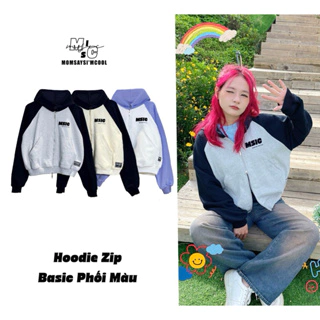 Áo khoác Hoodie zip-MOM SAYS I'M COOL- tay phối màu form boxy ( dáng ngắn, lửng trên mông)