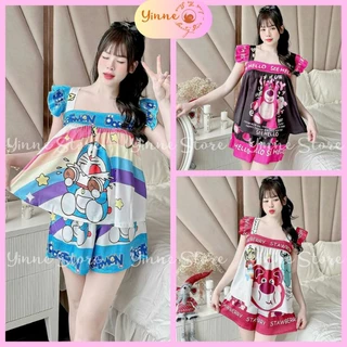 (Form <68kg) Đồ bộ Pijama Dây Cánh tiên Bản to Đùi/Dài, Bộ ngủ Lụa Xước Ánh Kim Thiết Kế họa tiết Hot Trend, Xinh Sang