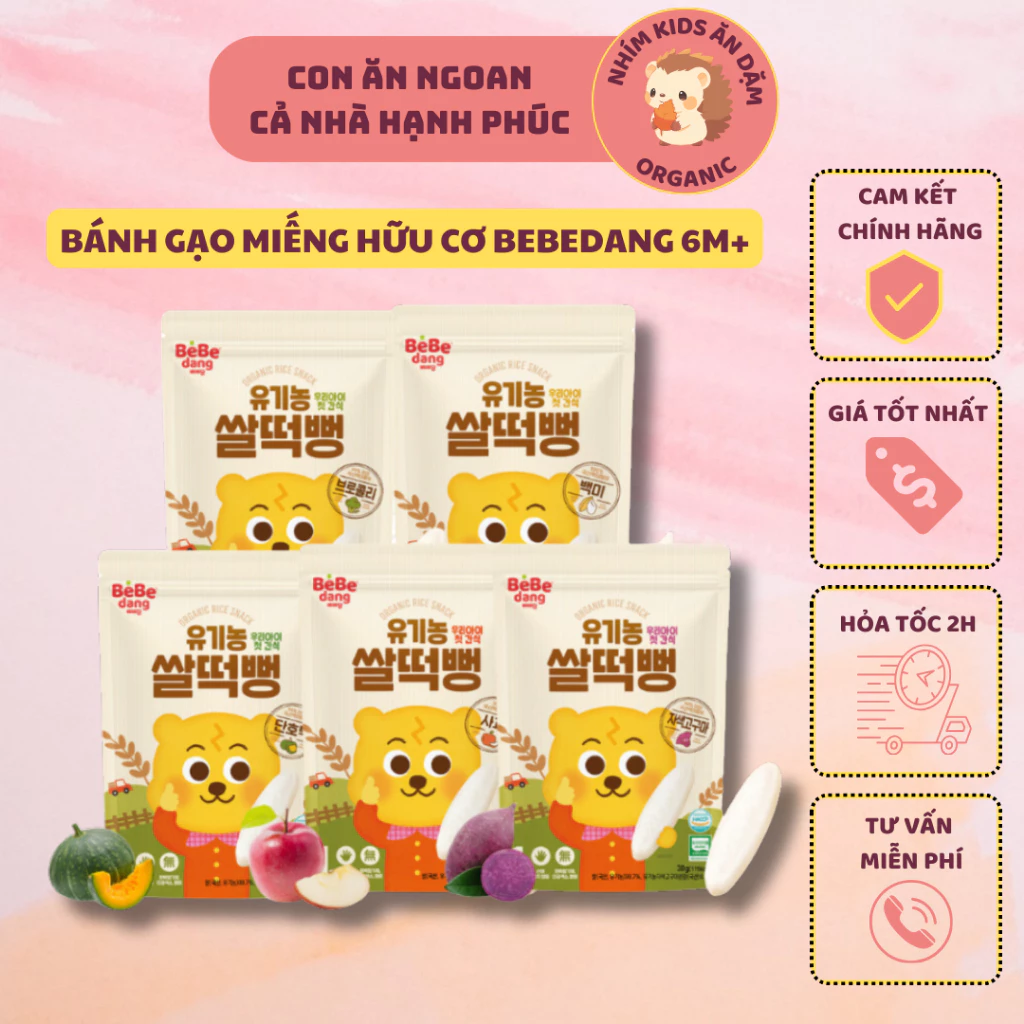 [Date T12/2024] Bánh Gạo Lứt Hữu Cơ Dạng Miếng BEBEDANG Hàn Quốc Cho Bé Ăn Dặm Từ 6M+ Túi 30g