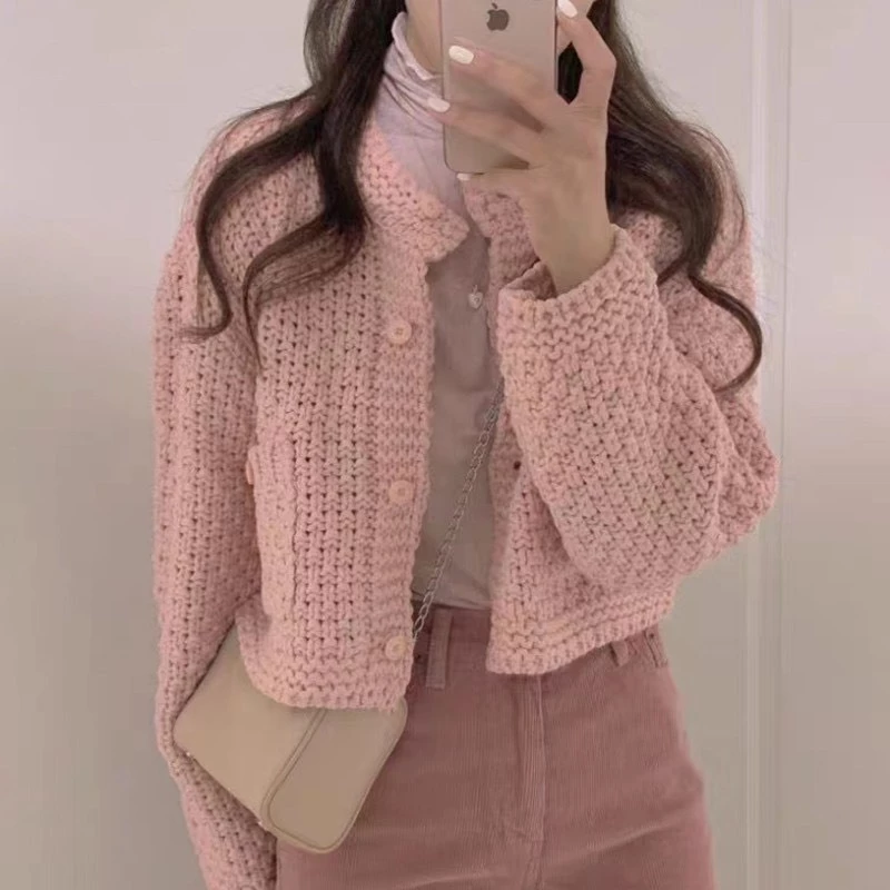 Áo Khoác Nữ Len Móc Cardigan Cổ Tròn Dáng Croptop Mẫu Mới 2024