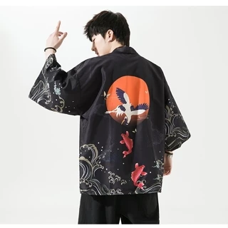 (Có sẵn) Áo khoác kimono haori happi hình cá chép và chim hạc