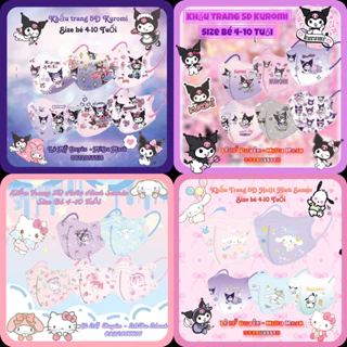 Mẫu Mới - Set 10 Cái Khẩu Trang 5D Hello Kitty - Kuromi - Melody Cute Cho Bé Gái Size 4-10 Tuổi ( Có Nẹp Mũi)