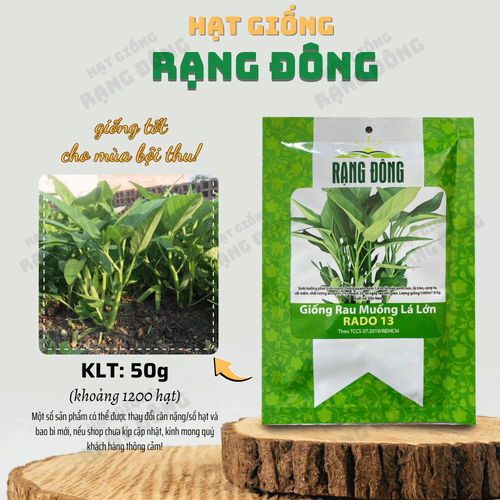 Hạt giống Rau Muống Lá Lớn Rado 13 (50g~1200 hạt) nảy mầm tốt, kháng sâu bệnh, trồng quanh năm - Hạt giống Rạng Đông