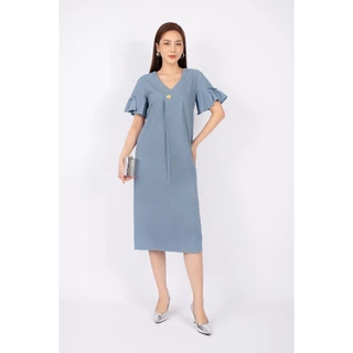 FDP33002 - Đầm dạo phố vải linen dáng suông cổ V tay loe phối bèo - PANTIO