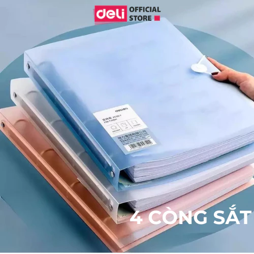 Bìa File lá còng sắt học sinh A4 Deli 4 còng đựng file tài liệu, lưu trữ hồ sơ văn phòng cao cấp sẵn 4 lá