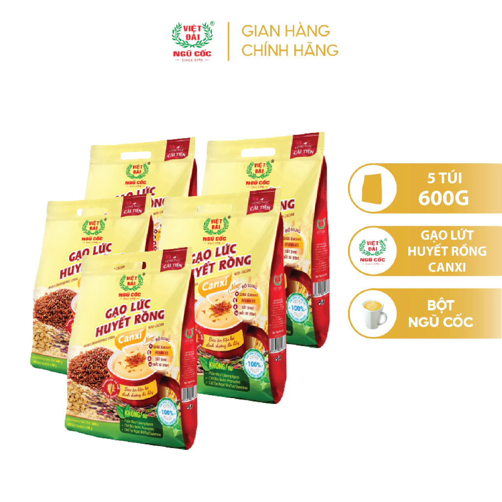 [CC] Combo 5 Bột Ngũ Cốc Gạo Lứt Huyết Rồng Canxi VIỆT ĐÀI Thơm Ngon Giúp Thanh Lọc Cơ Thể Túi 600g