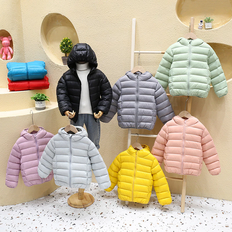 Áo khoác phao lông vũ có mũ cho bé trai và bé gái siêu ấm, mỏng nhẹ, màu sắc pastel nhẹ nhàng size 100 - 150 (12 - 55kg)