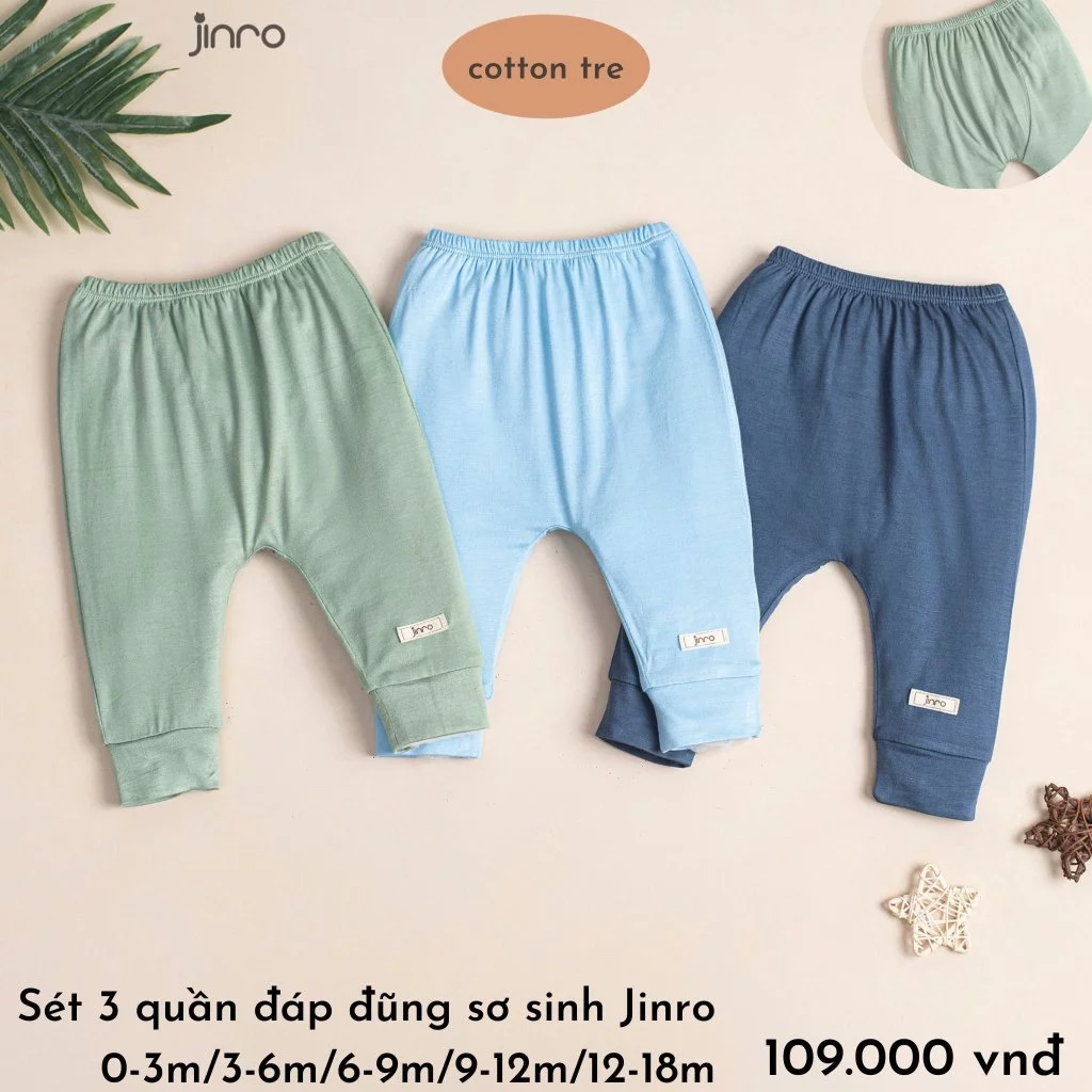 [Jinro] Set 3 quần sơ sinh đáp đũng Jinro chất cotton sợi tre mềm mại bé trai bé gái SQJR132