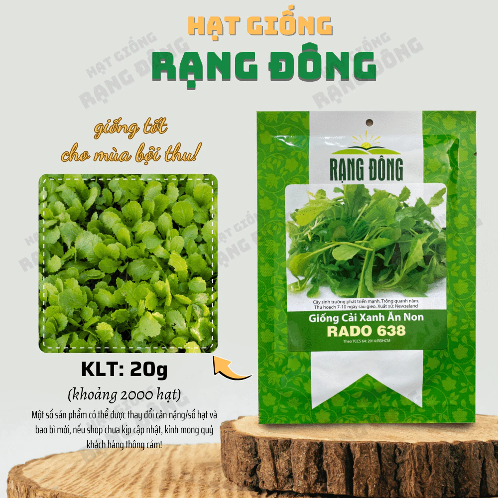 Hạt giống Cải Xanh Ăn Non Rado 638 (20g~2000 hạt) nảy mầm tốt, thu hoạch sau 7-15 ngày, dễ trồng - Hạt giống Rạng Đông