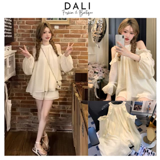 Set Babydoll Cổ Yếm Hở Vai + Quần Chất Liệu Voan Mềm, Set Bộ Nữ Sang Chảnh Tiểu Thư