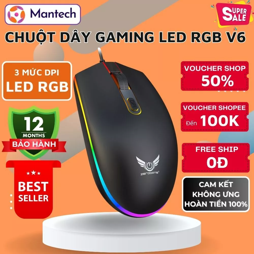 Chuột Dây Gaming Máy Tính V6 LED RGB Điều Chỉnh DPI Dễ Dàng Thích Hợp Làm Việc Chơi Game