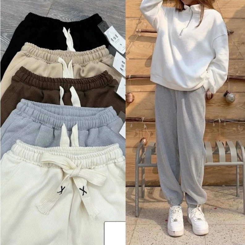 Quần nỉ jogger nữ ống rộng bo gấu chất nỉ nhung tăm dày dặn ấm áp co dãn tốt sominstore