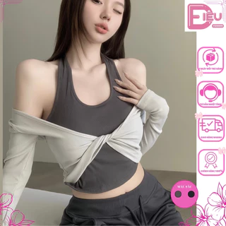 Set áo croptop nữ dài tay cổ yếm phối xoắn ngực Điệu Fashion, Áo kiểu nữ chất borip ôm body phong cách đường phố - A56