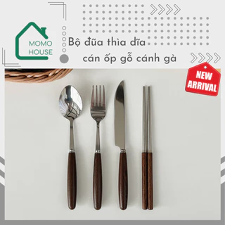 Bộ Đũa Thìa Dao Dĩa Inox Cán Ốp Gỗ Cánh Gà Phong Cách Hàn Quốc, Set Đũa Muỗng Dao Nĩa Inox 304 Tráng Gương Cứng Cáp