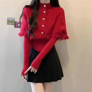 Set áo len nữ tay dài kèm áo choàng croptop khuy cài trơn hàng Quảng Châu, áo cặp mùa đông chất liệu dày dặn 26129