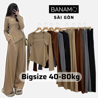 Set nữ bigsize Banamo Sài Gòn bộ áo thun tăm cổ vuông dài tay kèm quần culottes 191