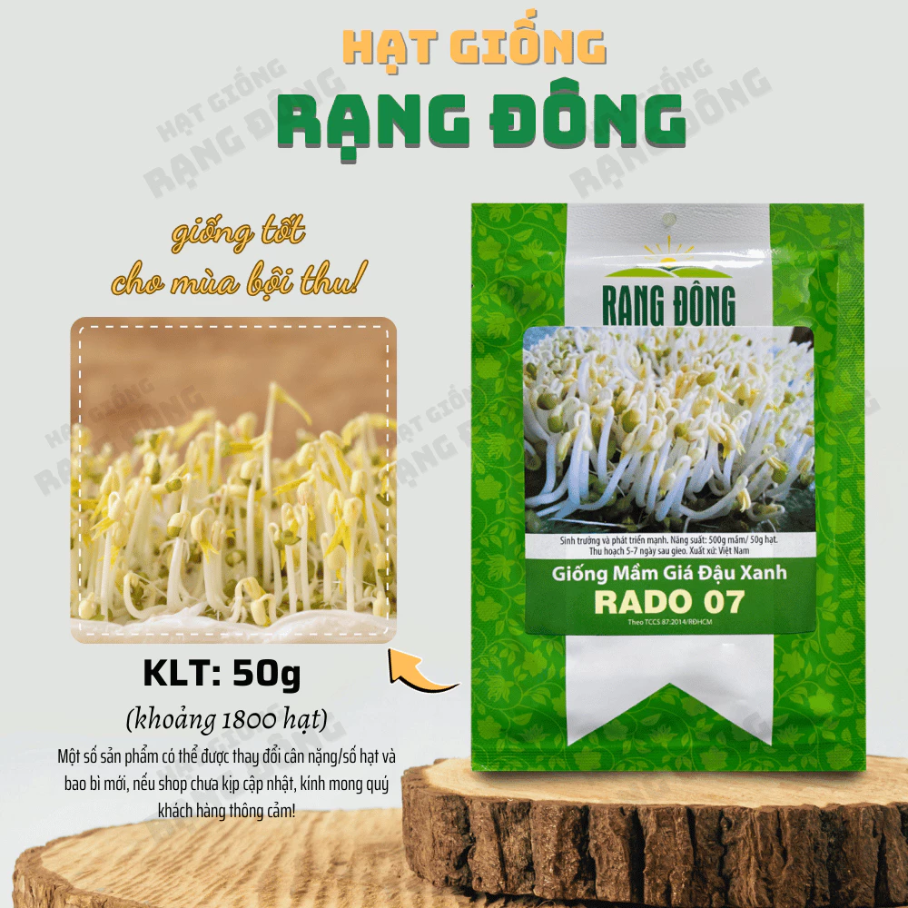 Hạt giống Mầm Giá Đậu Xanh Rado 07 (50g~1800 hạt) dễ trồng, nhanh thu hoạch, giàu dinh dưỡng - Hạt giống Rạng Đông