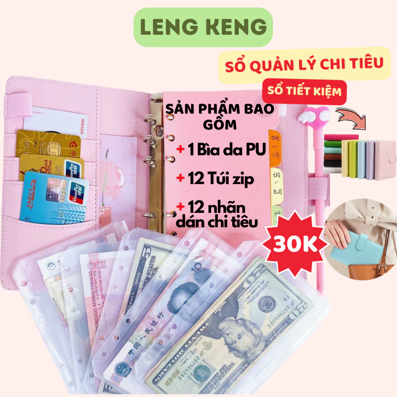 Sổ tiết kiệm đựng tiền cúc bấm Leng Keng sổ chi tiêu da PU A6 nhiều ngăn + túi zip thông minh