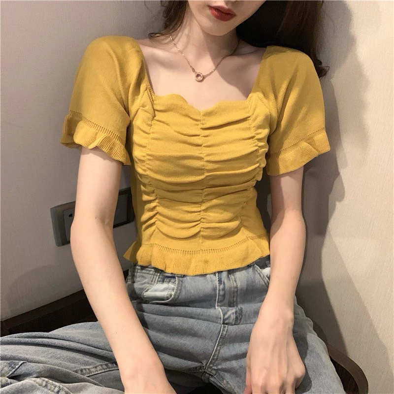 AM139 - Áo Croptop Dệt Kim Tay Ngắn Cổ Vuông Phong Cách Hàn Quốc