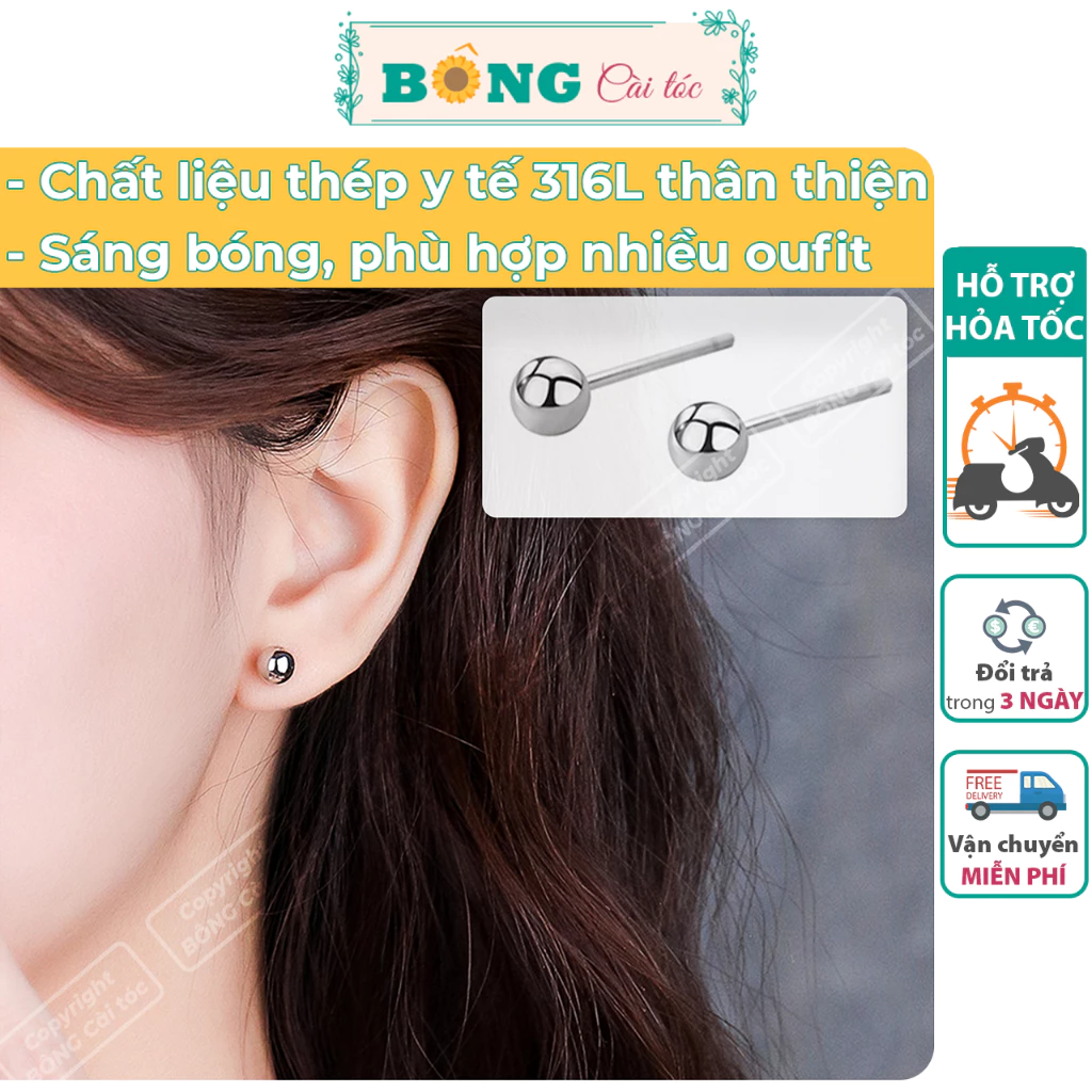 Bông tai hạt bi unisex thép y tế 316L không gỉ phong cách Hàn Quốc nhiều kích thước BT50 - khuyên tai BÔNG Cài Tóc