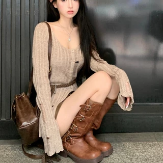 Áo dệt kim cardigan HUNALY  xẻ tà dài tay cúc giữa phong cách xước rách cá tính kiểu Hàn Quốc năng động M419 E-4