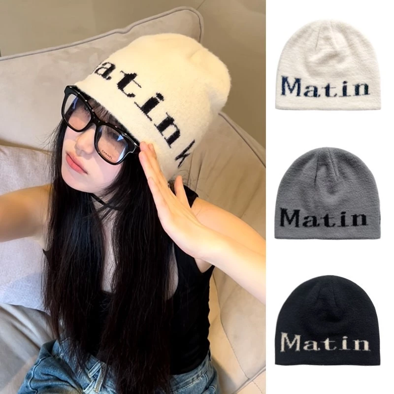 Mũ Len Beanie Nữ Giữ Ấm Tai In Chữ Phong Cách Mũ Len Dệt Kim Mũ ấm mùa thu đông