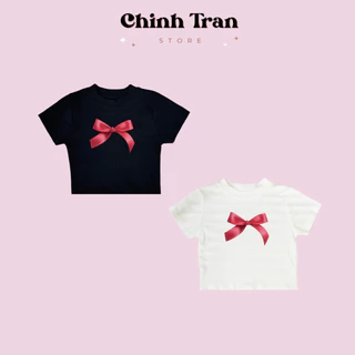 Áo CROPTOP tay ngắn form ôm in NƠ chất liệu thun co giãn 4 chiều thoáng mát - Chinh Trần Store