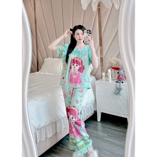 Bộ pyjama mặc nhà tay ngắn quần dài lụa xước thiết kế tay voan phối ren cổ vuông bèo freesize 40-60kg - Chun's sleepwear