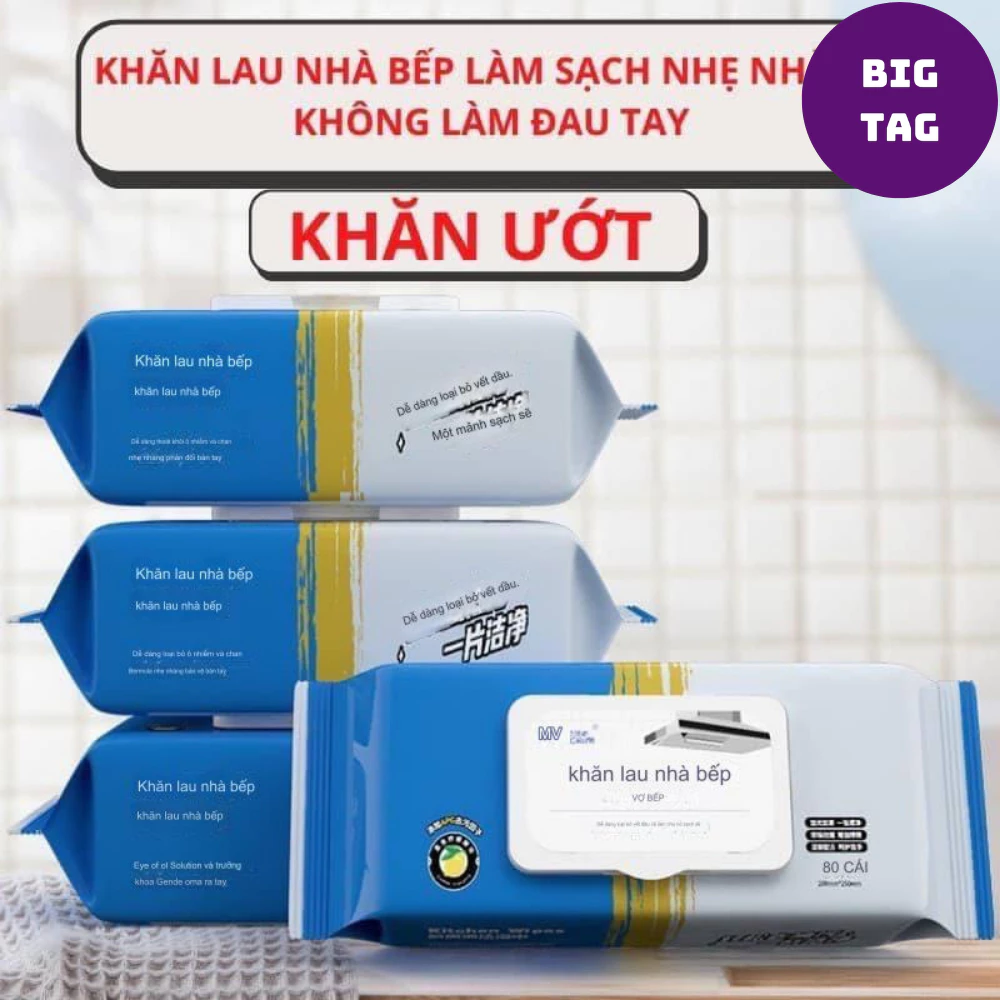 khăn ướt lau bếp có sẵn chất tẩy rửa, khăn lau bụi bẩn, dầu mỡ 1 gói 80 tờ tiện lợi 08216