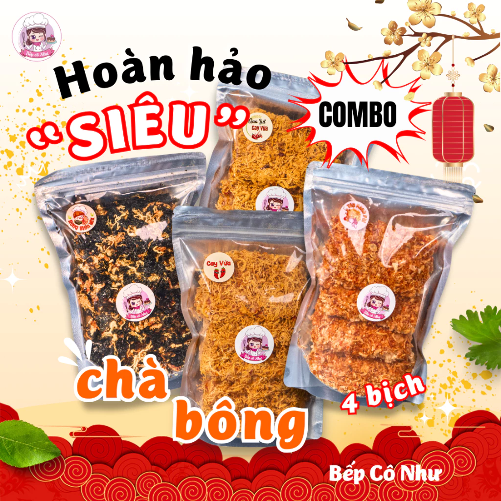 Combo hoàn hảo Cơm cháy Siêu chà bông giòn rụm - 4 túi 250g | Đồ ăn vặt Bếp Cô Như