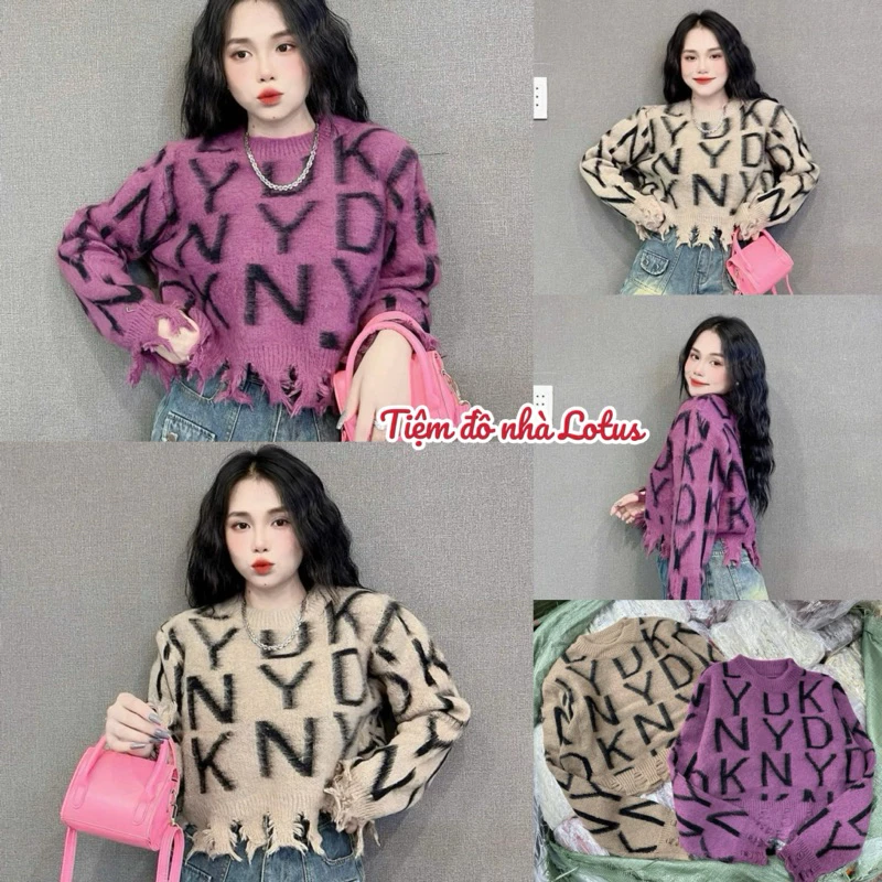 Áo len nữ tay dài phối họa tiết chữ và gấu áo tua rua thời trang vải len dày dặn - Tiệm đồ nhà Lotus