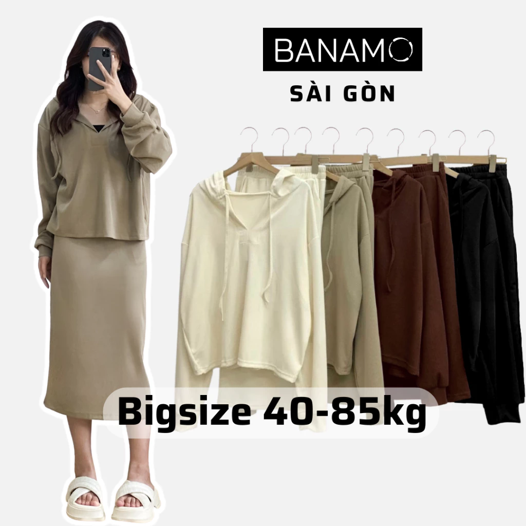 Set nữ bigsize Banamo Sài Gòn bộ nỉ tăm có mũ kèm chân váy dài 192