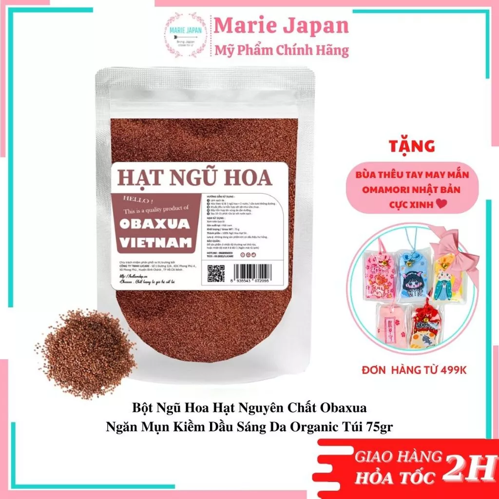 Bột Ngũ Hoa Hạt Nguyên Chất Obaxua Ngăn Mụn Kiềm Dầu Sáng Da Organic Túi 75gr