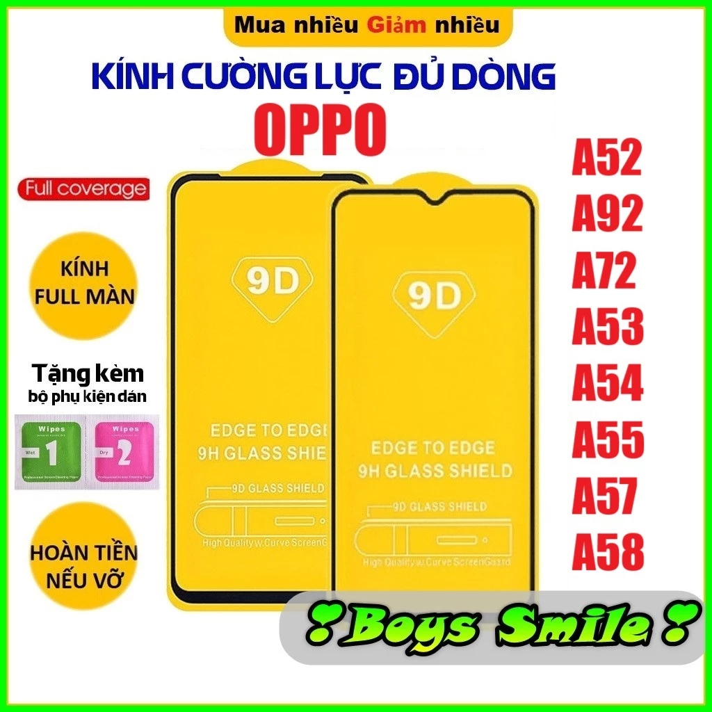 Kính cường lực Full màn Oppo A52/A92/A72 A53/A54/A55 A57 A5 2020 A9 2020 A31F7/A3s F9 F11 F11 pro A73 A74 A74