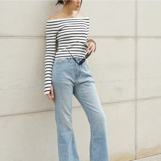 White On Denim - Áo Dệt Kim Trễ Vai Dài Tay Sọc Trắng & Đen - Off-Shoulder Longsleeve Knit Top in Stripe Black and White